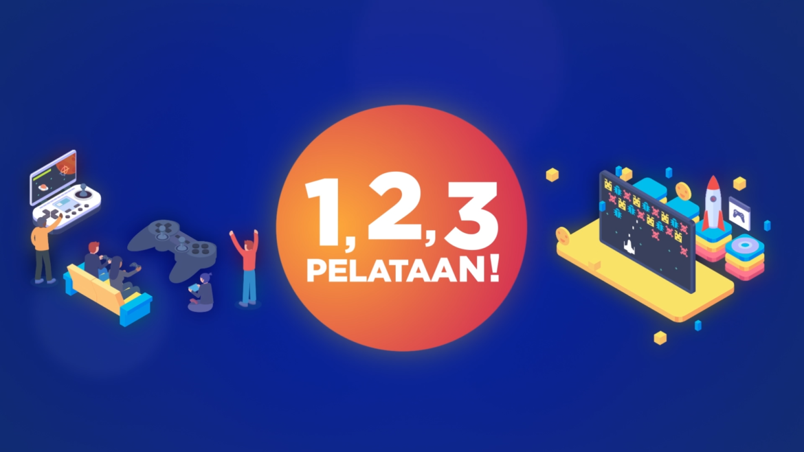 Kuvassa pelielementtejä ja teksti 1,2,3 pelataan!